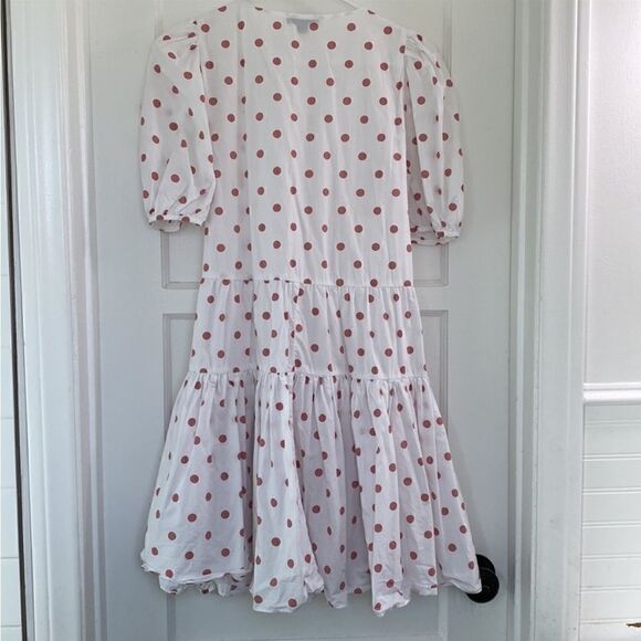 J. CREW White Polka Dot Red V-Neck Puff
Sleeve Poplin Wrap Mini Dress - Picture 12 of 16